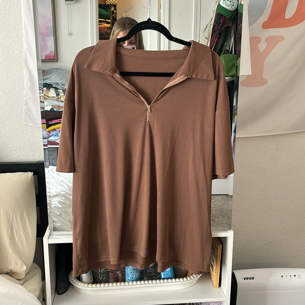 Brown, athletic zipper golf shirt